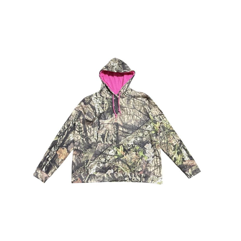 Mossy Oak Hoodie Womens Large Green Camo Pullover Fleece Pink Lined Hunting Cute
